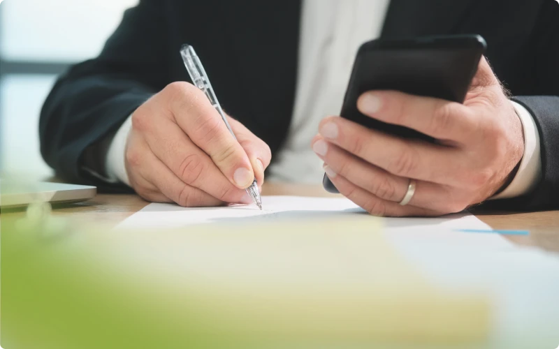 Manos firmando un documento mientras sostienen un teléfono